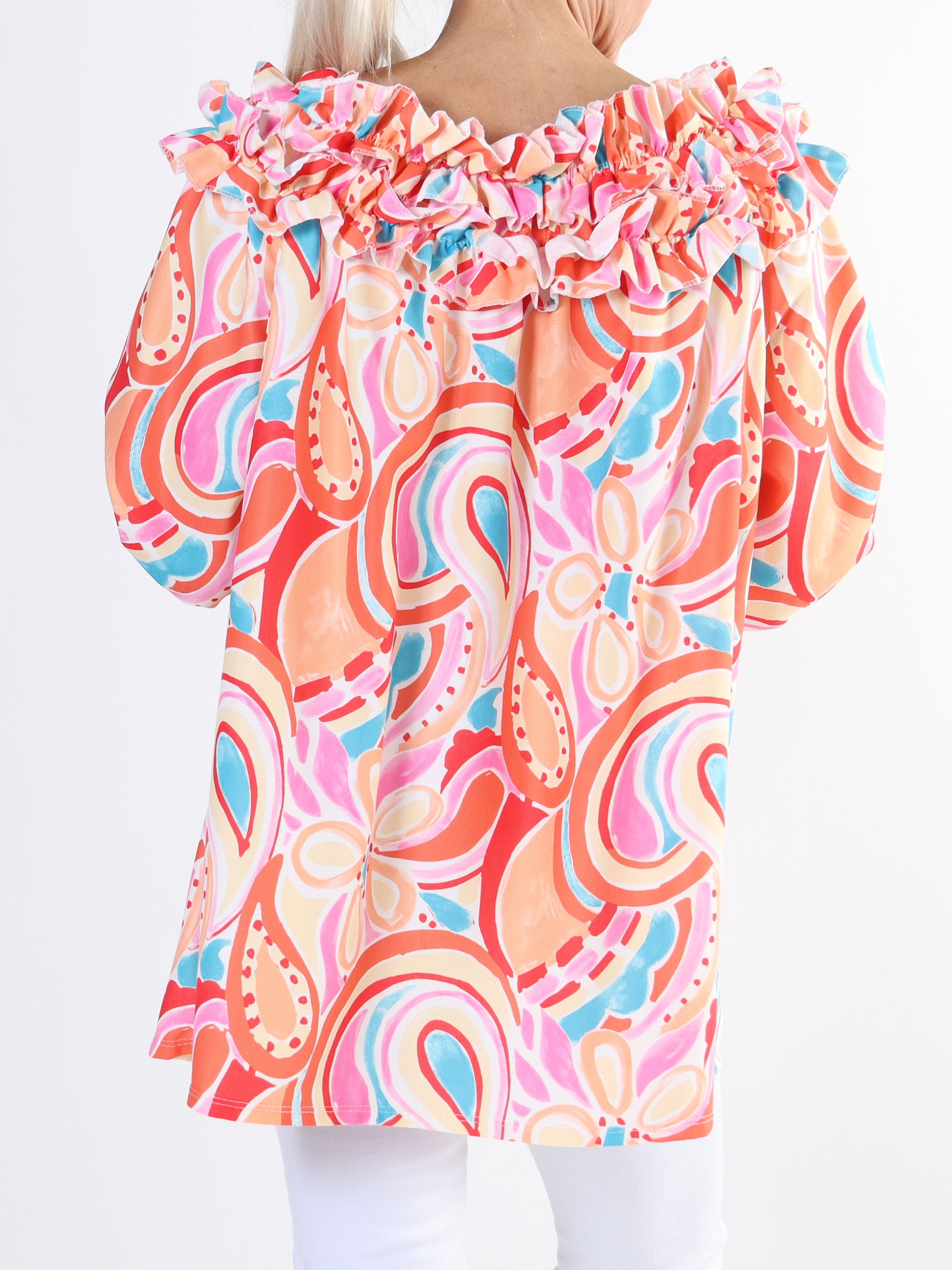 Chili Pattern - Långärmad mönstrad tunika med volanger för stora storlekar